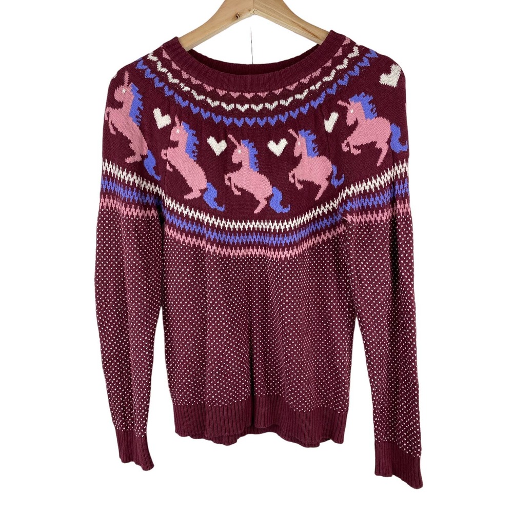 Modcloth Size S Pink Unicorn Hearts Retro Pullover Sweater